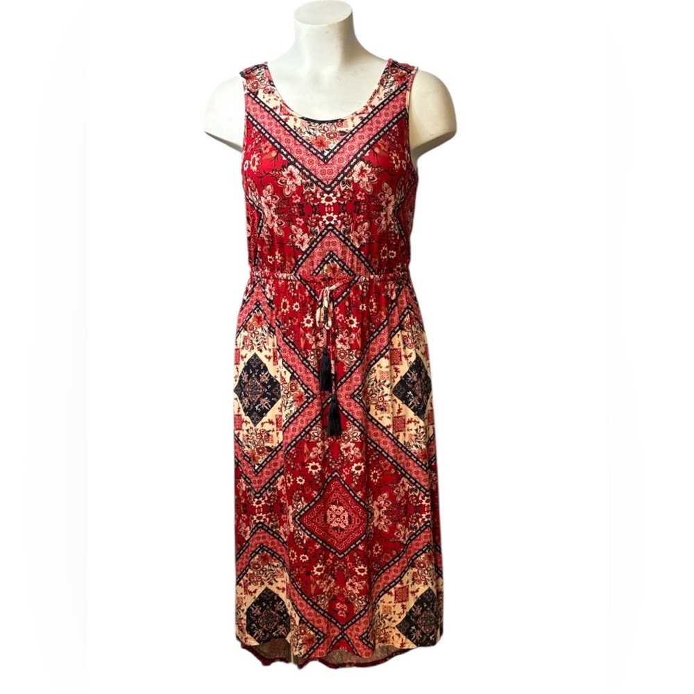 Artesia Boho Midi Dress XL Red Patchwork Print Sleeveless Tassel Tie Waist NWT